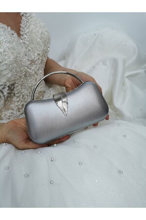 Damen Stoff Silber Blatt Abendkleid Clutch Portfolio Handtasche mit Accessoires Hochzeit Verlobung Abendtasche - 3