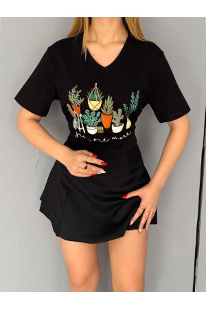 Damen-T-Shirt mit V-Ausschnitt und Paillettenstickerei (große Größe) - 1