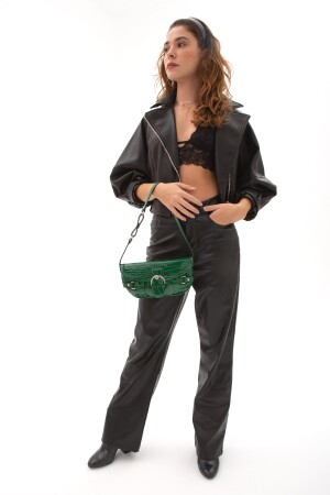 Damen-Umhängetasche „Emma“ aus Lackleder mit Skizzendruck im Baguette-Stil, Grün - 7