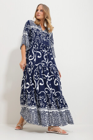 Damenkleid aus gewebter Viskose mit Spitzenmuster in Marineblau vorne, Alc-X11595 - 3