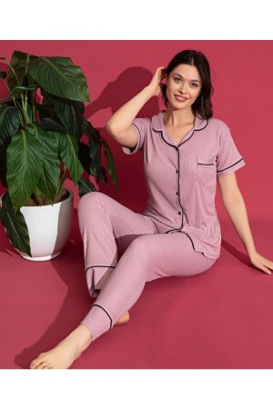 Damenpyjama-Set aus Viskose mit Knöpfen und kurzen Ärmeln - 1