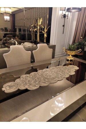 Damla Lüks Runner Salon Oda Sehpa Masa Örtüsü Fransız Güpürlü Çeyizlik Kapiçino - Neubella Home