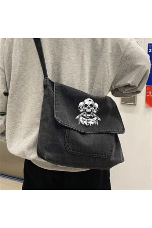 Day Light Triple Skull Bedruckte Vintage Unisex Grau Denim Messenger Bag - 1