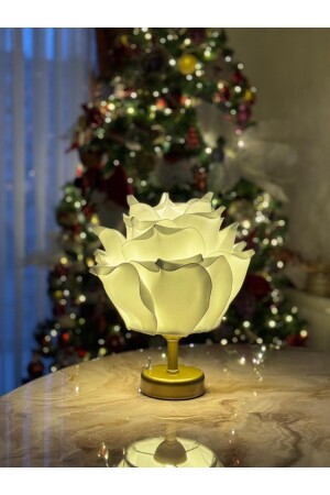 Decor Künstliche Eva-Blume, kabellose Tischlampe, Oberseite, weiß, Unterseite, Antikgold (9-V-Batterie, 75–90 Stunden), M145 - 3