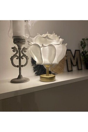 Decor Künstliche Eva-Blume, kabellose Tischlampe, Oberseite, weiß, Unterseite, Antikgold (9-V-Batterie, 75–90 Stunden), M145 - 5