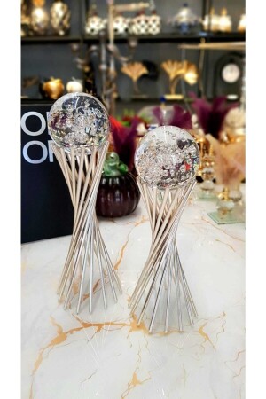 Dekoratif 2'li Hava Kabarcıklı Gümüş Burmalı Çapraz Ayaklı Küre - Ev Ofis Dekoru - Kirat Home Design