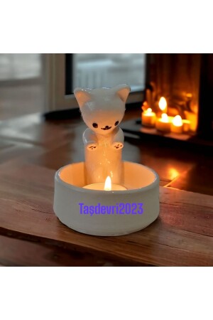 Dekoratif Ateş Başında Isınan Kedi Tealight Mumluk tas54545766 - 1