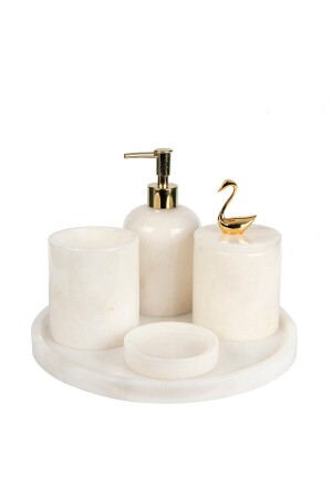 Dekoratif Beyaz Mermer Gold Kuş Kuğu Detaylı 5 li Banyo Seti Takımı BEYAZGOLDKUGU5 - 1
