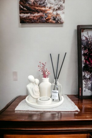 Dekoratif Çizgili Kuru Çiçek Vazosu Sarılan Sevgili Biblo Fresh Soft Oda Kokusu Tealightlı Set - Alleza Home