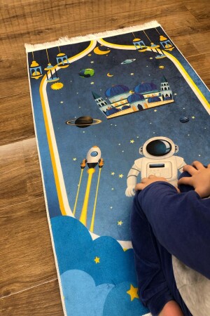 Dekoratif Dijital Baskılı Siyah Kaymaz Taban Eğitici Küçük Çocuk Seccade Namazlık 60x100 - Dekomod