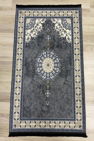 Dekoratif Dijital Baskılı Siyah Kaymaz Taban Seccade Namazlık 75x120 - 3