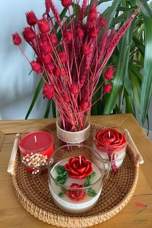 Dekoratif Hasır Tepsili Mum Seti, Cam Bardak Mum Kırmızı Kuru Çiçekli Vazo Kadınlar Günü Hediyesi pixibc01 - 2