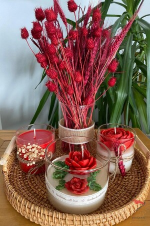 Dekoratif Hasır Tepsili Mum Seti, Cam Bardak Mum Kırmızı Kuru Çiçekli Vazo Kadınlar Günü Hediyesi pixibc01 - pixiperi