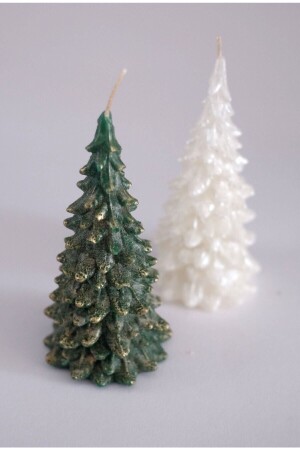 Dekoratif Hediyelik 2'li Çam Ağacı Mum Seti- Yeşil- Beyaz Kokulu Mum Yılbaşı Hediye Pine Tree Candle - 1