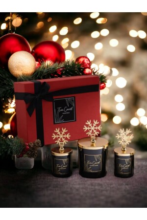 Dekoratif Kırmızı Hediye Kutulu Gold Kar Taneli 3 'lü Siyah Bardak Mum Seti - Tiem Concept