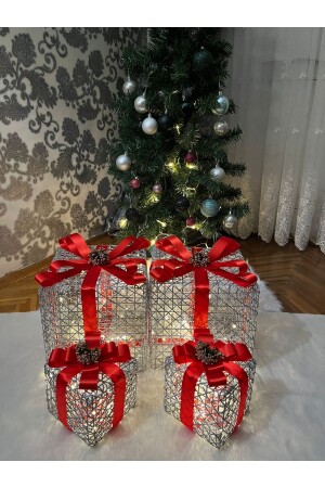 Dekoratif Yılbaşı Ağacı Altı Led Işıklı Hediye Kutu Noel Süsü Seti 4'lü - 2