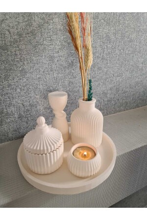 Dekoratif Yuvarlak Tepsi- Tealight Mumluk- Kapaklı Kutu- Iskandinav Vazo Düğüm Sütun Biblo Beton Set - 1