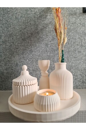 Dekoratif Yuvarlak Tepsi- Tealight Mumluk- Kapaklı Kutu- Iskandinav Vazo Düğüm Sütun Biblo Beton Set - 3