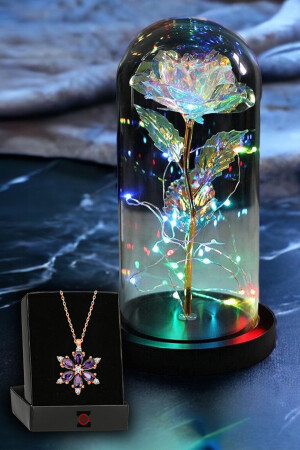 Dekorative RGB-Fee-LED-beleuchtete verblassende Unendlichkeitsrose- und Lotus-Kamelienblüten-Halskette in einer Glasglocke KCSGCF0311 - 1