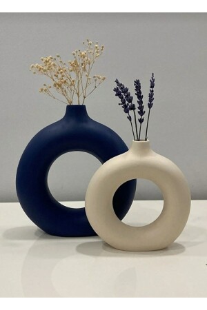 Dekorative Ringvase aus Keramik in mattem Marineblau und mattem Beige im Bohemian-Stil, 2er-Set - 2