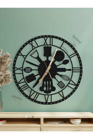 Dekorative stille schwarze Metallwanduhr Küche (FOK UND LÖFFEL) mit Motiv 60x60cm MCS-1154 - 8