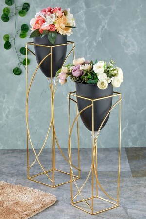 Dekorativer Blumentopf mit schwarzem Metallfuß, 2 Stück. Blumentopf mit goldenem Fuß, dekorative Blumentopfvase - 1