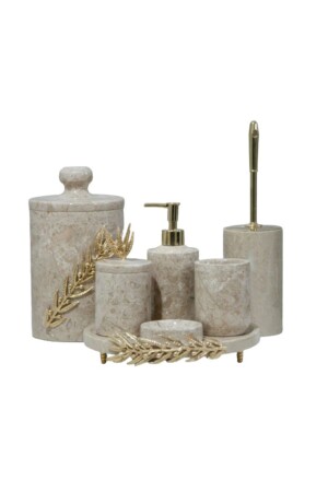 Dekoratives 7-teiliges Badezimmer-Set mit Olivenzweigen in Beige-Marmor-Gold-Optik BEJDALBANYO7 - 1