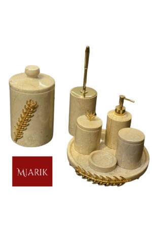 Dekoratives 7-teiliges Badezimmer-Set mit Olivenzweigen in Beige-Marmor-Gold-Optik BEJDALBANYO7 - 6