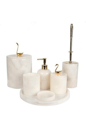 Dekoratives 7-teiliges Badezimmer-Set mit Vogel und Schwan aus weißem Marmor und Gold, detailliertes Set WHITEKUGUGOLDMERMERBATHROOM7LI - 3