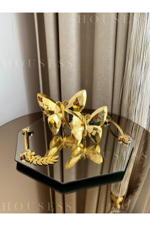 Dekoratives Tablett mit verspiegelten Blättern und 2-teiligem goldenen Schmetterling HSS-YPRK01 - 2