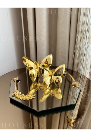 Dekoratives Tablett mit verspiegelten Blättern und 2-teiligem goldenen Schmetterling HSS-YPRK01 - 1
