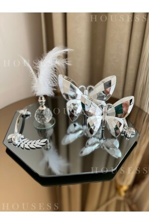 Dekoratives Tablett mit verspiegelten Blättern und 2-teiligem Silber-Schmetterlings-Einzel-Silber-Feder-Halter HSS-YPRK02 - 2