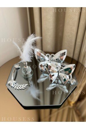 Dekoratives Tablett mit verspiegelten Blättern und 2-teiligem Silber-Schmetterlings-Einzel-Silber-Feder-Halter HSS-YPRK02 - 4