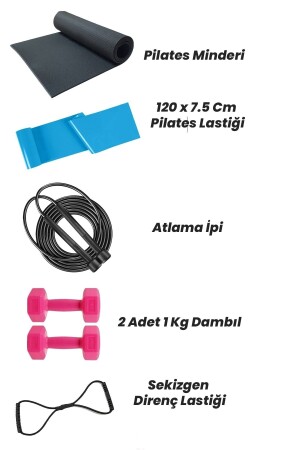 Deluxe-Übungsset, Pilates-Matte, Pilates-Reifen, Springseil, 2 x 1 kg Hantel und Achteck-Reifen - 3