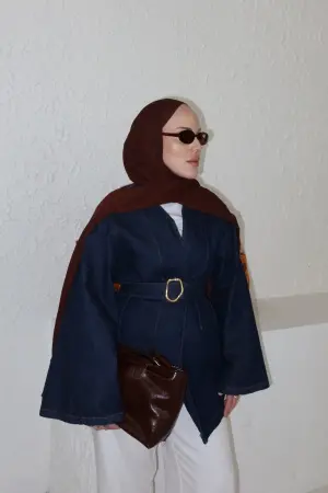 Denim Kruvaze Kimono Ceket Koyu Mavi - Nuuwears