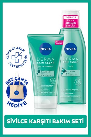 Derma Skin Clear Sivilce Karşıtı Yüz Temizleyici Peeling 150 ml, Tonik 200 ml,Bez Çanta Hediye SET.NVE.893 - 2