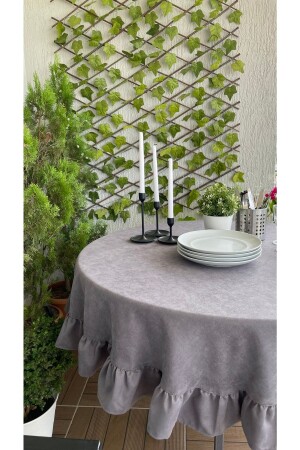 Dertsiz Kadife Dokulu Vintage Fırfırlı Füme Gri Yuvarlak Masa Örtüsü - Decamor Home