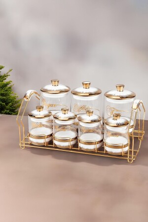 Desenli 7 Parça Altın Yaldızlı Porselen Kapaklı Gold Standlı Cam Baharat Takımı - Vadi