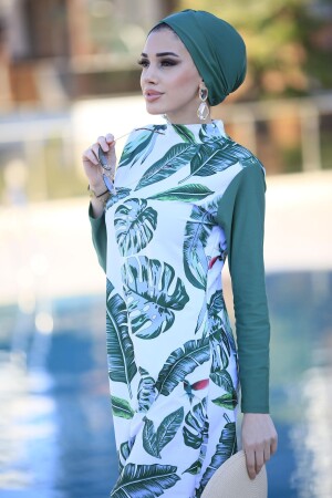 Design vollständig bedeckter Hijab-Badeanzug mit grünen Blättern - 1