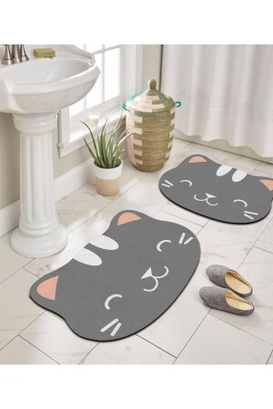 Digitaldruck, rutschfeste Unterseite, niedliche Katze, anthrazit, Badematte, Doppel-Toilettenset (40 x 60 cm), (60 x 100 cm), 15, Mat-Anthracite15-Grey16 - 5