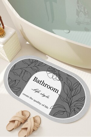 Dijital Kaymaz Yıkanabilir Bath Bathroom Yaprak Banyo Paspası Banyo Halısı (60x100) D8049 Gri DC-8049 - 1