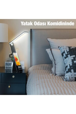 Dijital Saatli 15w Kablosuz Şarjlı Led Işıklı Katlanabilir Masa Lambası Beyaz 35278 - 5