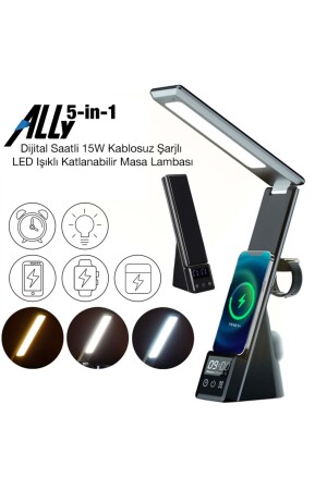 Dijital Saatli 15w Kablosuz Şarjlı Led Işıklı Katlanabilir Masa Lambası Beyaz 35278 - 7