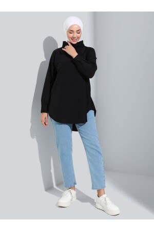 Dik Yaka Oversize Poplin Tunik - Siyah - Refka Basic 8722042 - 1