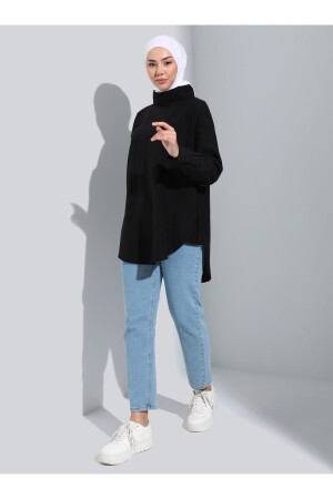 Dik Yaka Oversize Poplin Tunik - Siyah - Refka Basic 8722042 - 3