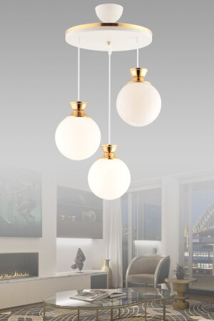 Dilara 3 Lü Tepsi Beyaza Gold Yuvarlak Camlı Salon Avizesi - Gyk Light