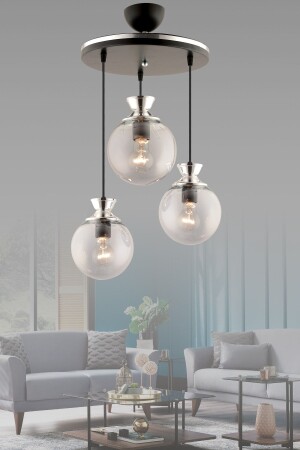 MNZ-Dilara 3 قطع صالونة سوداء و كروم مستديرة الزجاج غرفة المعيشة الشنابل 5 - GYK LİGHT