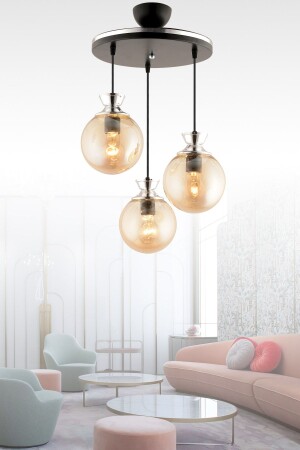 MNZ-Dilara 3 قطع صالونة سوداء و كروم مستديرة الزجاج غرفة المعيشة الشنابل 5 - GYK LİGHT