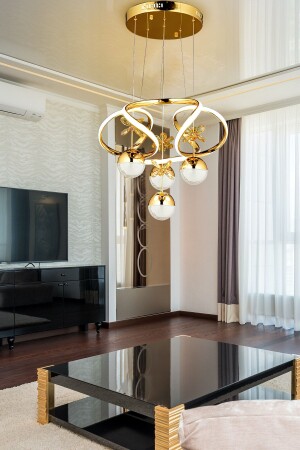 Dimmerli Kumandalı Modern Sarkıt Kristal Taşlı Led Avize Gold Sarı Ledli Avize Kademeli 3 Renk - 3