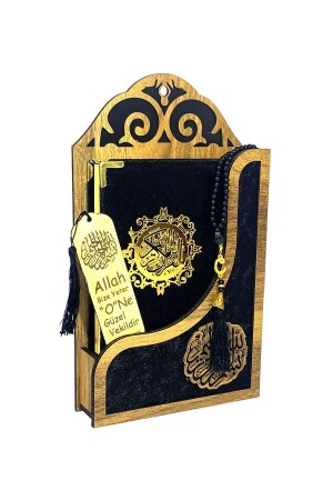 مـنـز-قرآن مجموعة صندوق خشبي مغطى بالخليط مع هدية مُعلقة - أسود - Birbaşkahediyem